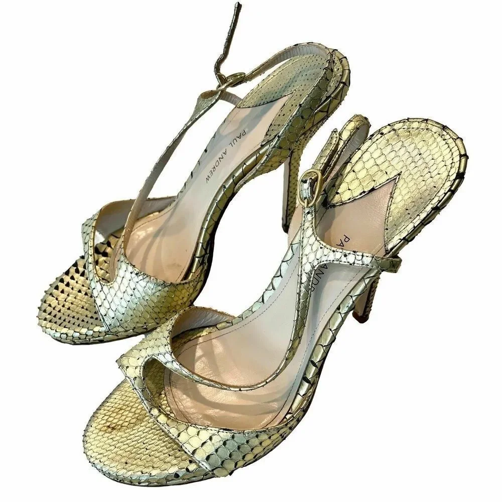 Paul Andrew Italy Gold Snakeskin Leather Strappy Platform Stiletto Sandals 37 EU